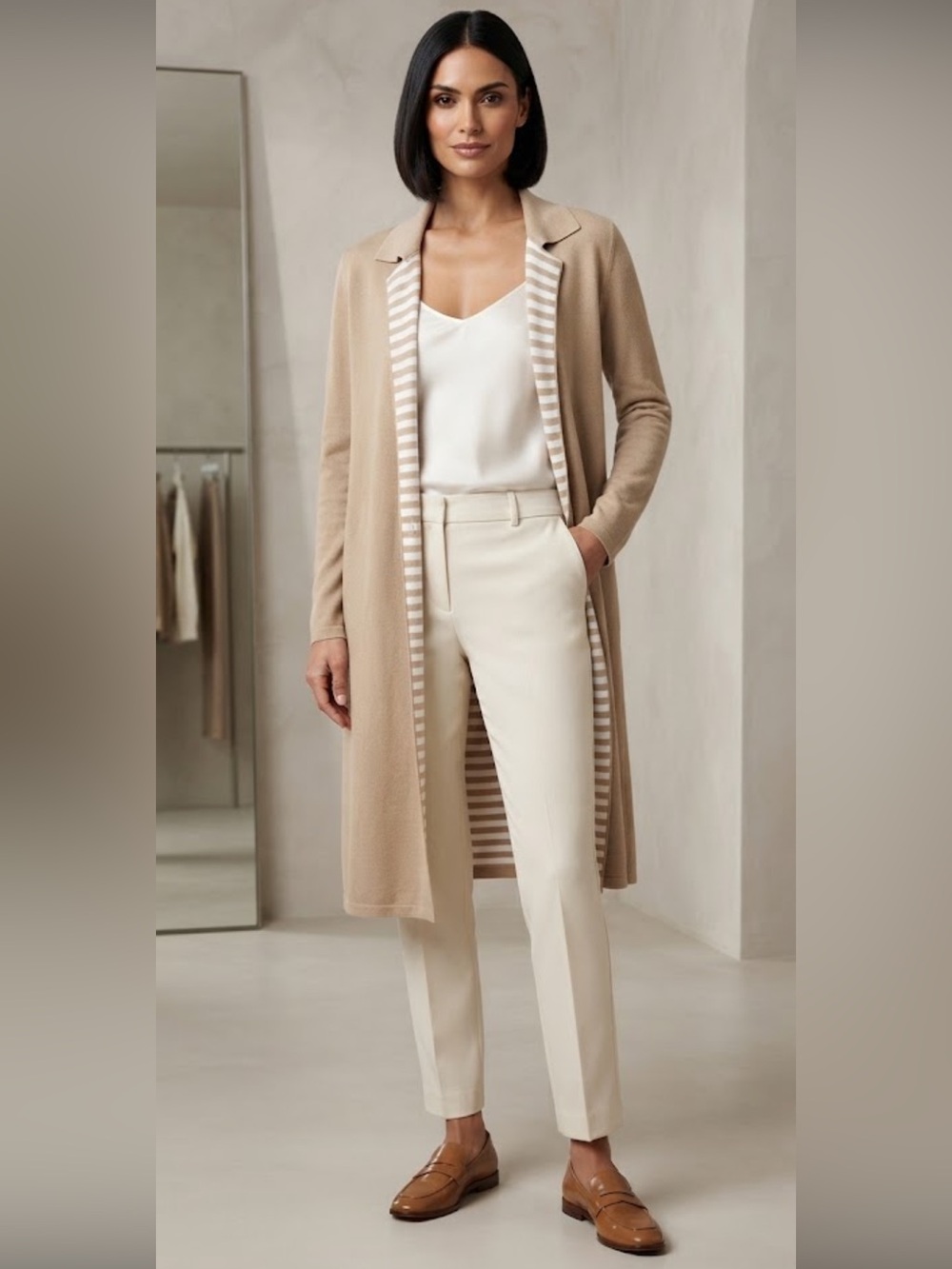 Women’s tan and white long duster reversible cardigan